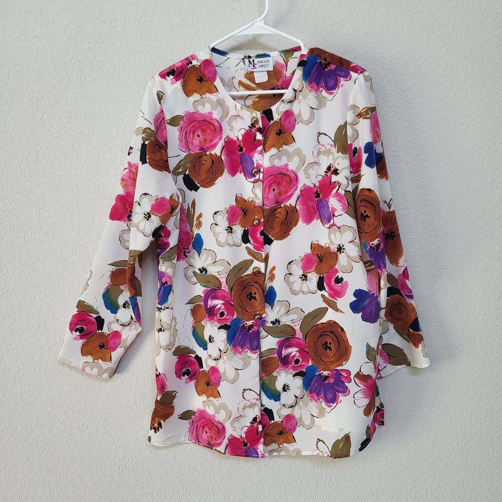 Maggie Sweet Blouse Womens M Floral Long Sleeve Button Up Dressy Vintage 90s